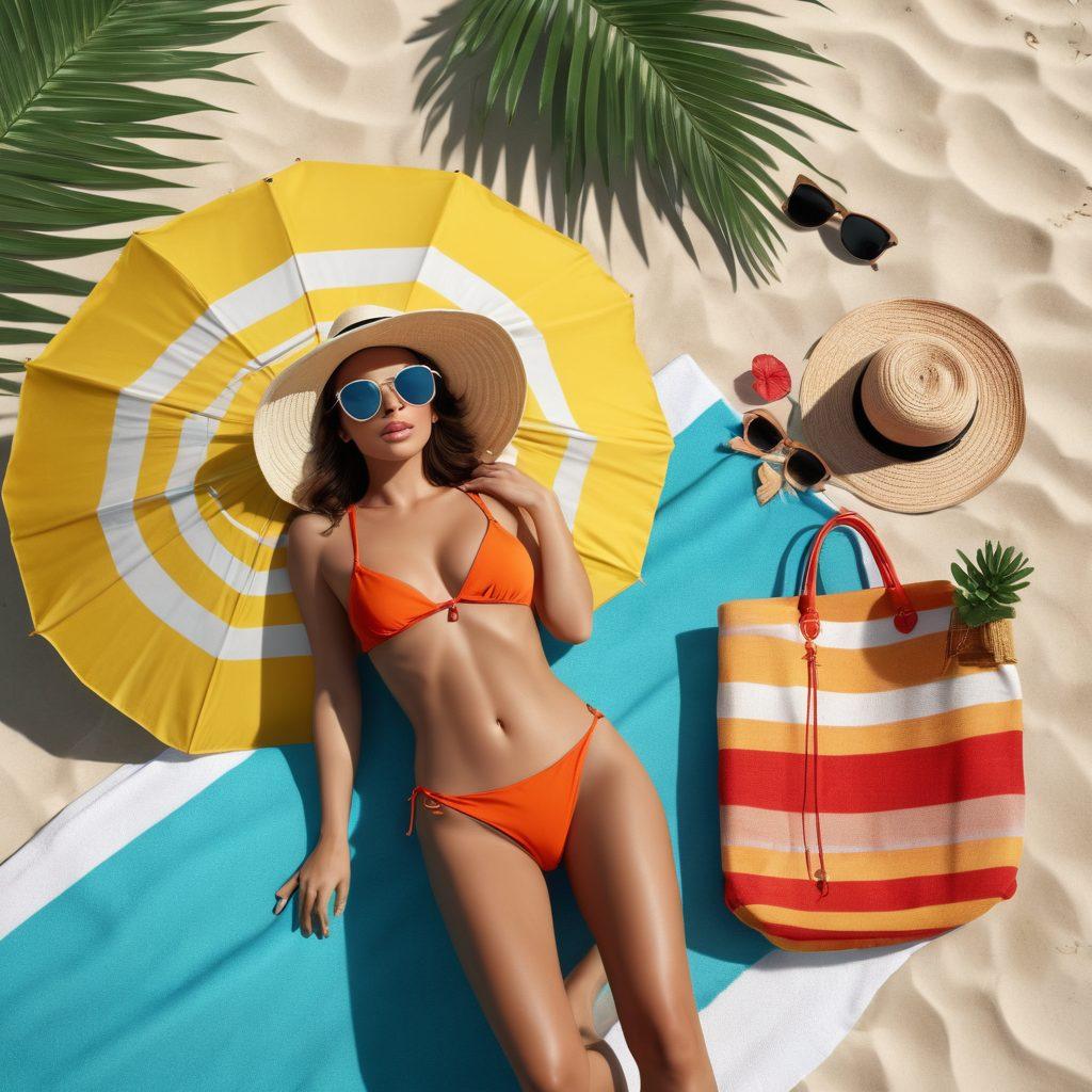 A sun-kissed beach scene featuring a stylish woman in a colorful bikini complemented by trendy accessories like oversized sunglasses, a wide-brimmed hat, and a chic beach bag. Vibrant beach umbrellas and towels scattered around, along with tropical plants in the background. Evoke a sense of summer fun and fashion. super-realistic. vibrant colors. 3D.